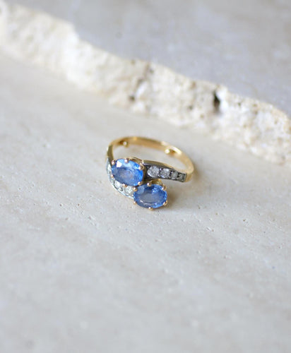 Bague 57 Bague Toi et Moi or jaune, or blanc, Saphirs de Ceylan et Diamants 58 Facettes