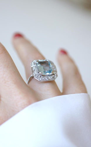 Bague 58 Bague Art Déco Octogonale Aigue-Marine 4,90 Cts et Diamants 58 Facettes