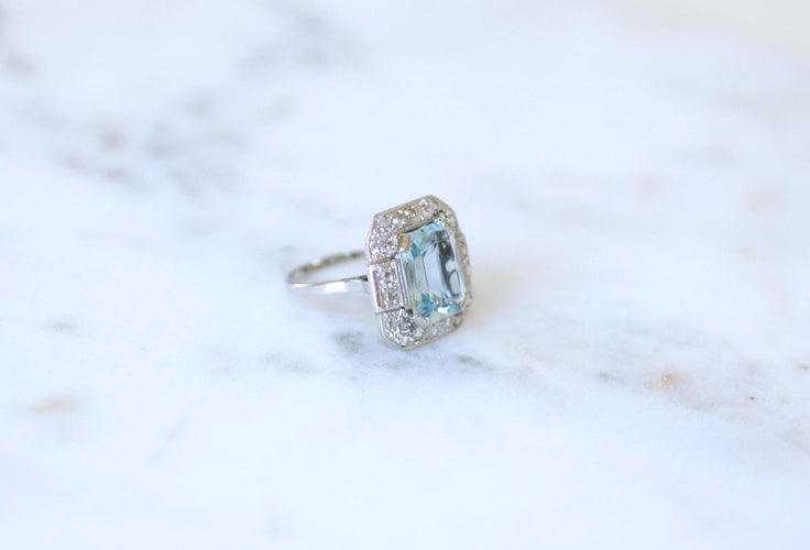 Bague 58 Bague Art Déco Octogonale Aigue-Marine 4,90 Cts et Diamants 58 Facettes