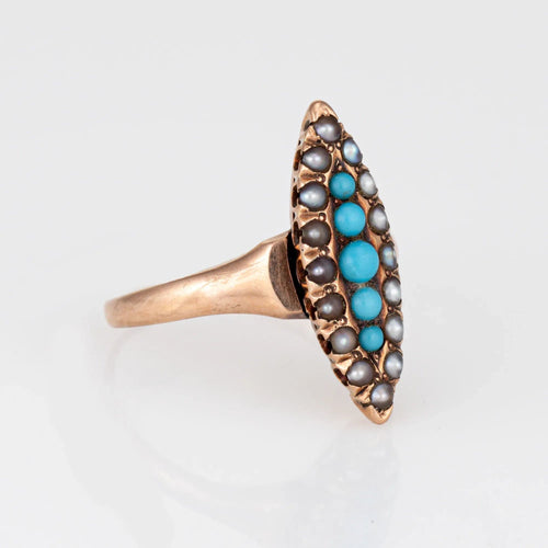 Bague Bague Navette Victorienne Antique avec Perle Turquoise en Or Jaune 10 carats Taille 5,75 58 Facettes G12477