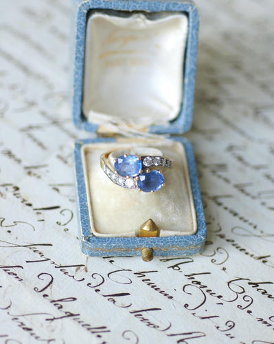 Bague 57 Bague Toi et Moi or jaune, or blanc, Saphirs de Ceylan et Diamants 58 Facettes