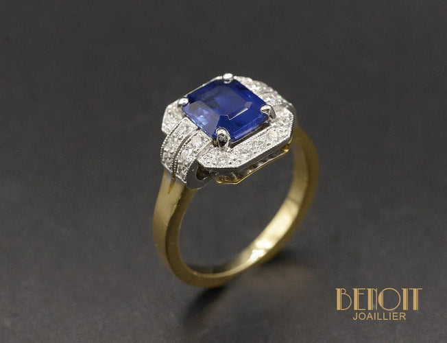 Bague 48 Bague Saphir rectangle pans coupés Style Art Déco 58 Facettes A10826