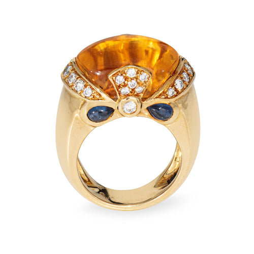 Bague cocktail vintage en or jaune 18 carats, ornée d'un saphir citrine et de diamants (taille 5).