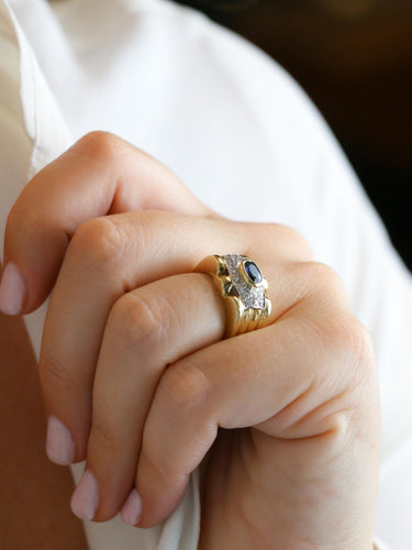 Bague 54.5 Bague godrons or jaune saphir ovale diamants 58 Facettes 1160