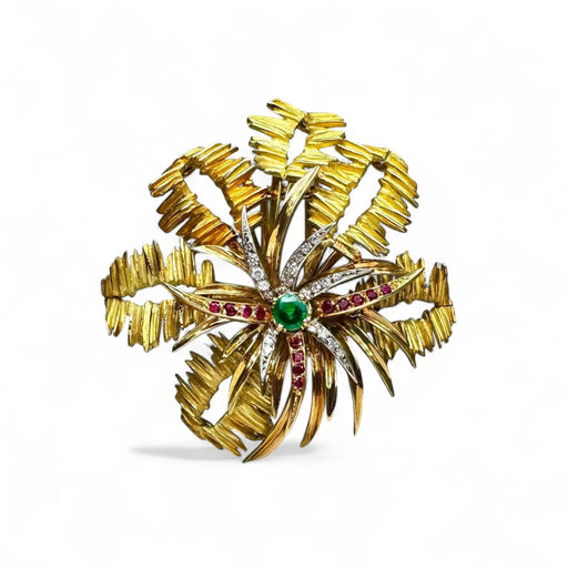 MELLERIO brooch - Yellow gold brooch, the center decorated with emerald, rubies and diamonds. 58 Facettes