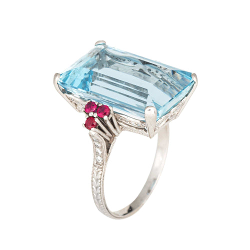 12ct Aquamarine Ruby Ring Platinum Sz 7.25 Cocktail Emerald Cut Fine Jewelry 58 Facettes G13868