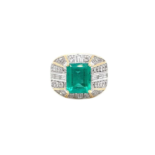 Bague cocktail en or avec diamants émeraude colombiens certifiés rétro