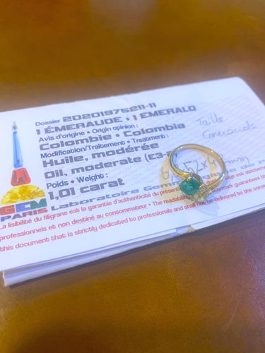 Bague 53 Bague Toi & Moi or jaune, Emeraude 1 Carat Diamant 0.70 Carat  (Certificat) 58 Facettes BEM48