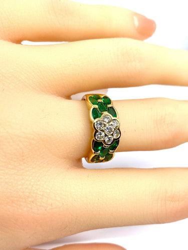 Bague 53 Bague jonc en or jaune, émeraudes navettes et diamants 58 Facettes AB576 bis