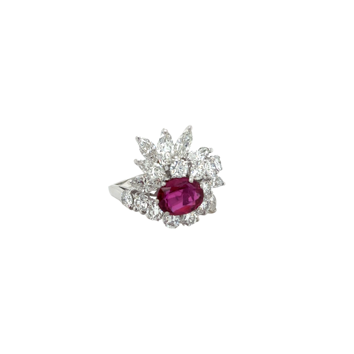 Bague Cocktail années 70 or blanc rubis diamants