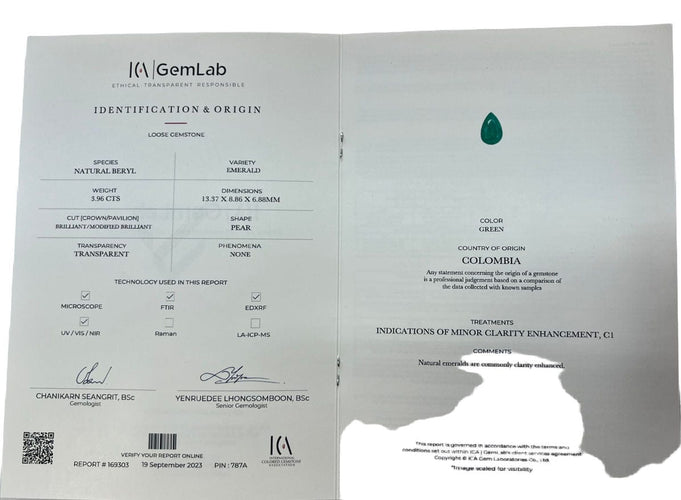 Émeraude colombienne certifiée en forme de poire de 3,96 carats 58 Facettes COL-04
