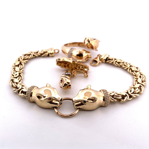 Boucles d'oreilles Parure 3 pièces têtes de panthères or jaune 18 carats , pierres synthétiques 58 Facettes