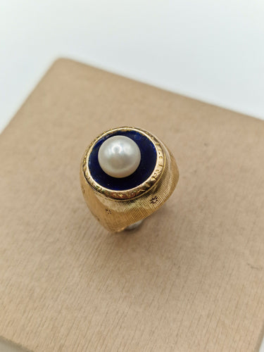 Bague 49.5 Bague chevalier perle et émail en or jaune 18k 58 Facettes