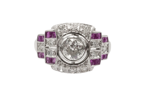 Bague Art Déco géométrique en or blanc 14k avec diamants et rubis