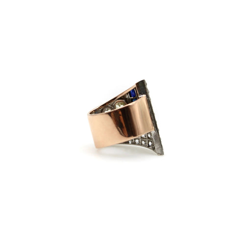 Art Deco Platinum Topped Diamond and Sapphire Ring with 14K Gold Shank