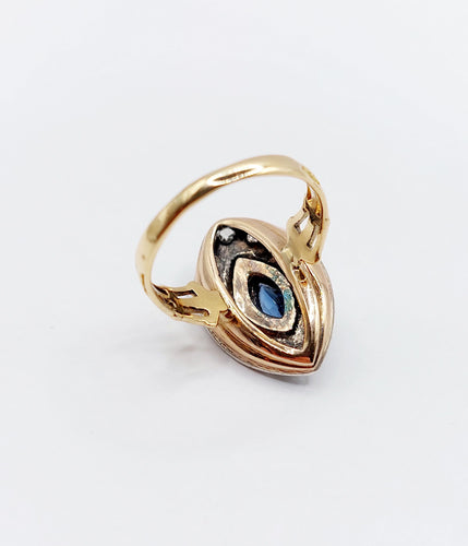 Bague 46.5 Bague marquise or rose et argent, saphir et diamants taille ancienne (circa 1900) 58 Facettes A03790