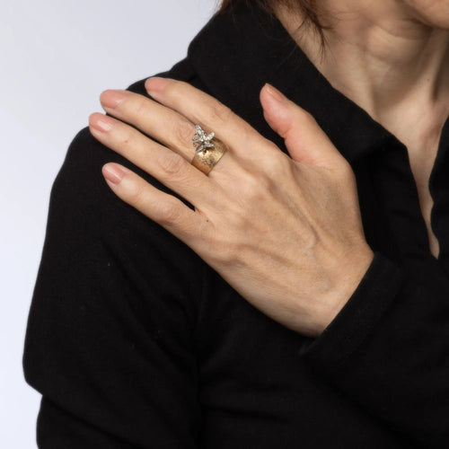 Bague papillon vintage en or jaune 14 carats avec diamant et pierre précieuse de 6,5 mm