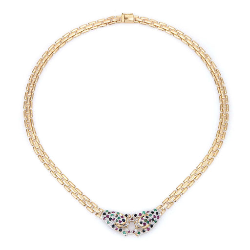 Necklace Double Leopard Gemstone Necklace Vintage 14K Gold 15" Choker Necklace Fine Animal Jewelry 58 Facettes G12164