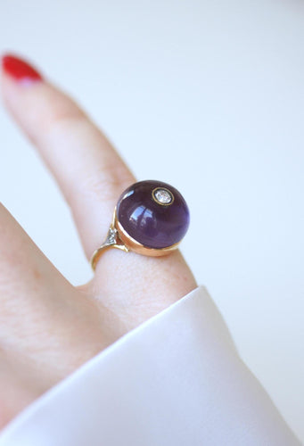 Bague 49.5 Bague en or jaune Art Déco Cabochon d'Améthyste et Diamant 58 Facettes