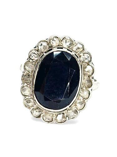 Bague ancienne or blanc saphir 5 ct et diamants 0,60 ct