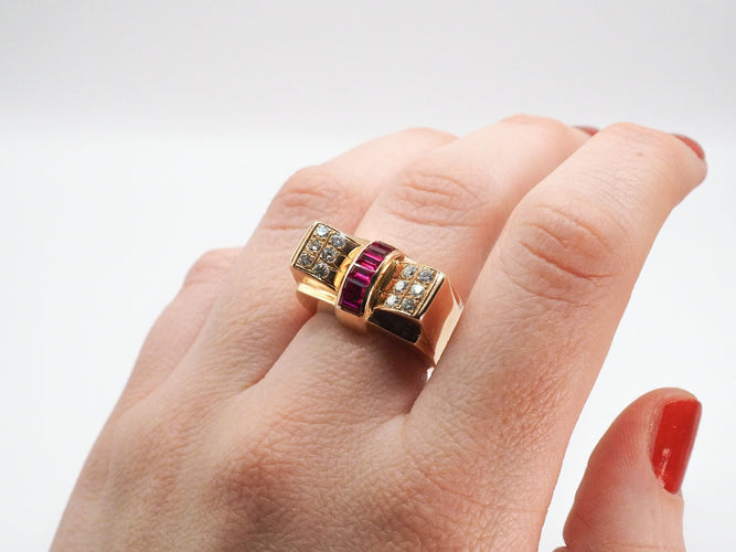 Bague 55 Bague Tank or jaune rubis diamants 58 Facettes 5007