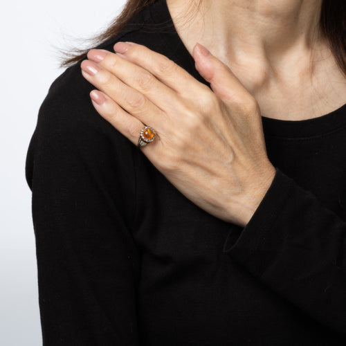 Antique Victorian Fire Opal Ring Rose Cut Diamond Cluster 14k Yellow Gold Halo 58 Facettes G14047