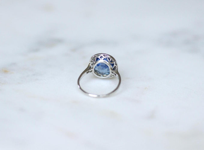 Bague 51 Bague Art Déco platine, Saphir de Ceylan Non Chauffé 4,30 Cts et Diamants 58 Facettes