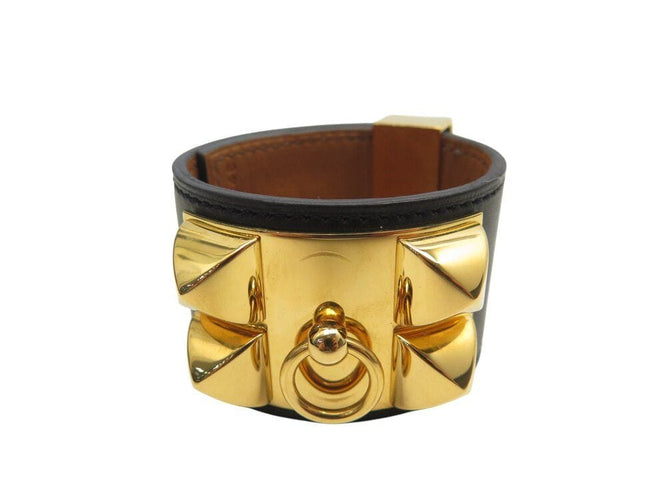 Collier bracelet HERMES collier de chien medor cdc 16cm cuir swift noir metal dore 58 Facettes 268024