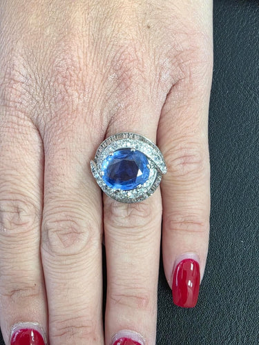 Splendido anello in oro bianco massiccio con zaffiro e diamanti 58 Facettes