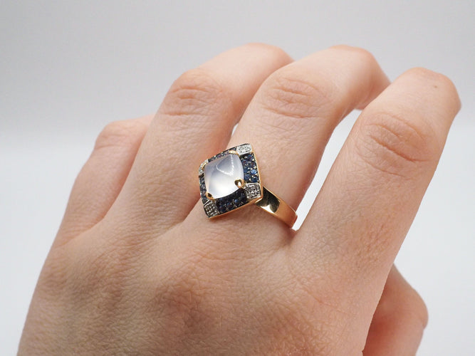 Bague 58 Bague or jaune quartz saphirs et diamants 58 Facettes 5081