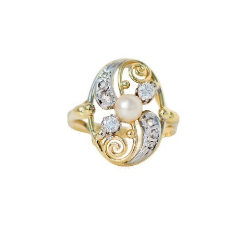 Bague 58 Bague Art Nouveau ancienne en or jaune/blanc 585, ornée d'une perle et de diamants. 58 Facettes