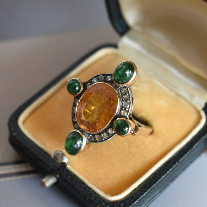 Bague 54 Bague or jaune et argent saphir orange 6 carats, émeraudes et diamants 58 Facettes