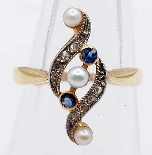 Bague 50 Bague marquise antique or et platine perles, diamants et saphirs 58 Facettes A04421