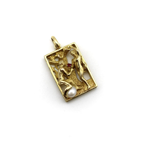 Pendentif Pendentif vintage Adam et Ève en or 14 carats avec rubis et perle 58 Facettes