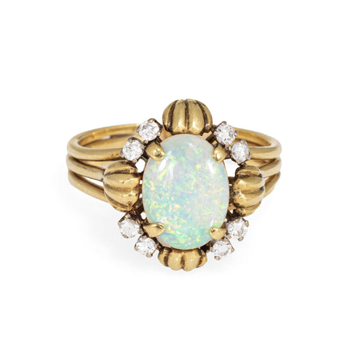 Bague 54.5 Bague en or jaune et diamants avec opale des années 70* 58 Facettes G13863