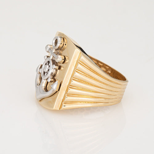 Bague Bague vintage ancre, taille 12,5, or jaune 14 carats, motif gouvernail de navire, bijou nautique pour homme 58 Facettes G14082