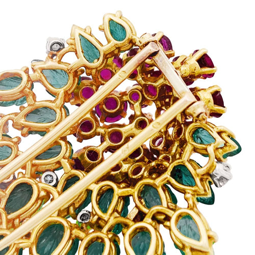 Boucles d'oreilles Clip Floral, or jaune, diamants, émeraudes, rubis. 58 Facettes 35266