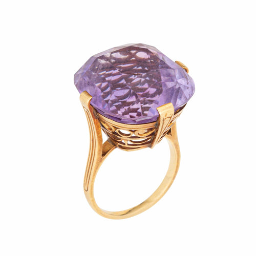 Bague 53.5 Bague cocktail rétro française en or jaune 30 carats avec améthyste 58 Facettes G13969