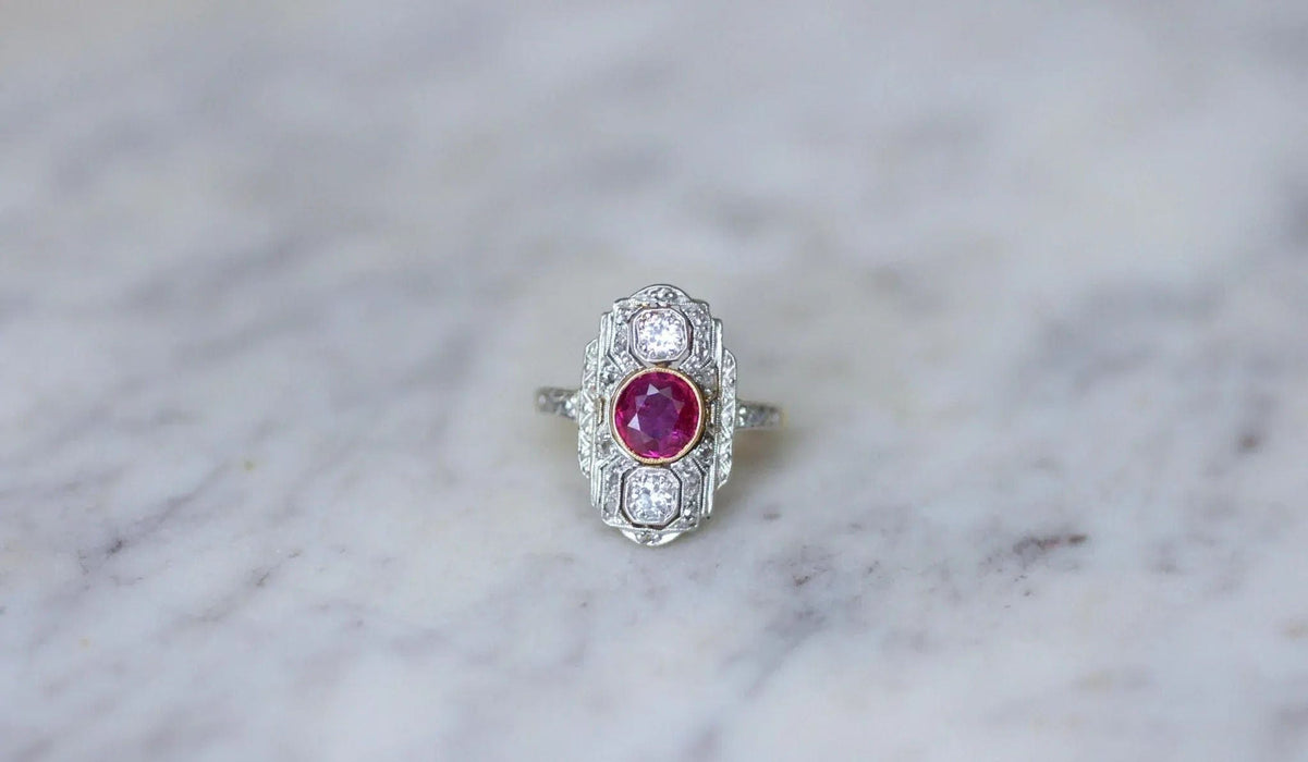 Bague Marquise Art Déco Rubis Birman et Diamants