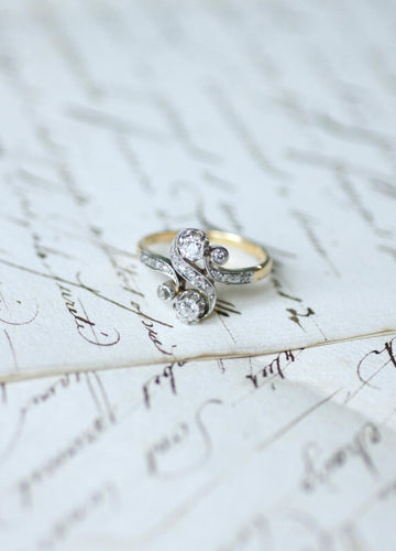 Bague 56.5 Bague Toi et Moi de fiançailles en or jaune et platine, diamants 0,55 ct 58 Facettes