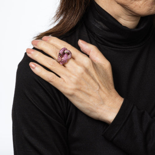 Bague Flamant Rose Double Or Rose et Saphir Rose