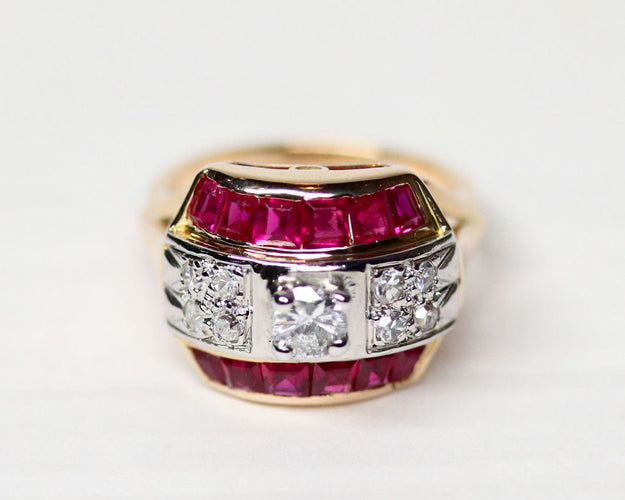 Bague 47 Bague Dôme Or Rose Diamants et Calibrés de Rubis Verneuil 58 Facettes A11310