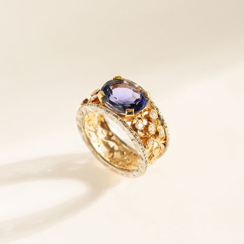 Exklusiver Cocktailring aus 18K Gelb- & Weißgold mit Tansanit & Diamanten – pure Goldschmiedekunst