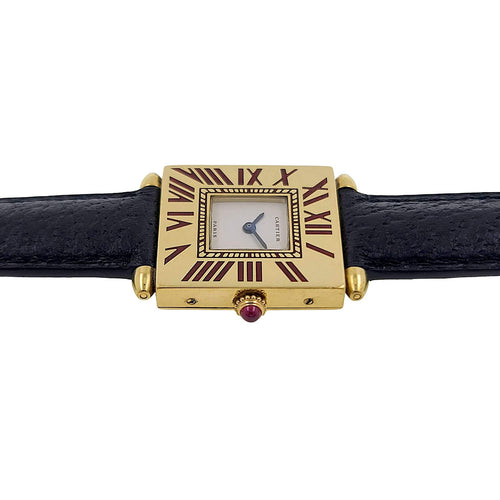 Montre Rarity Cartier Quadrant Burgundy Enamel Full Set Large Model A102 Ruby Obus 1987 1984 58 Facettes