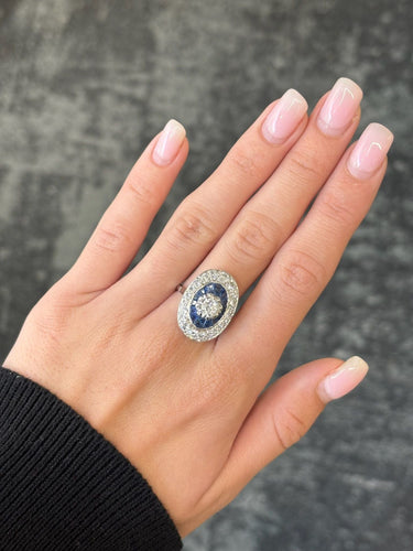 Bague ancienne or blanc saphirs et diamants 1,6 ct