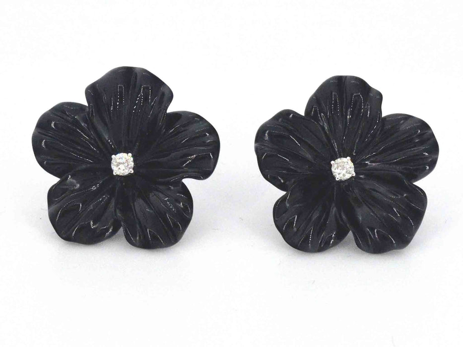 Boucles d'oreilles en or blanc 0,18 carat avec fleur précieuse noire et gros diamants