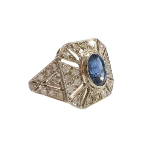 Bague 57 Bague en platine au design Art Déco avec diamants et saphirs 58 Facettes CH39