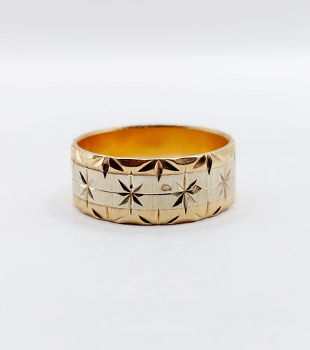 Bague 56 Large bague jonc alliance or rose et gris ciselée de motifs étoilés 58 Facettes A05173