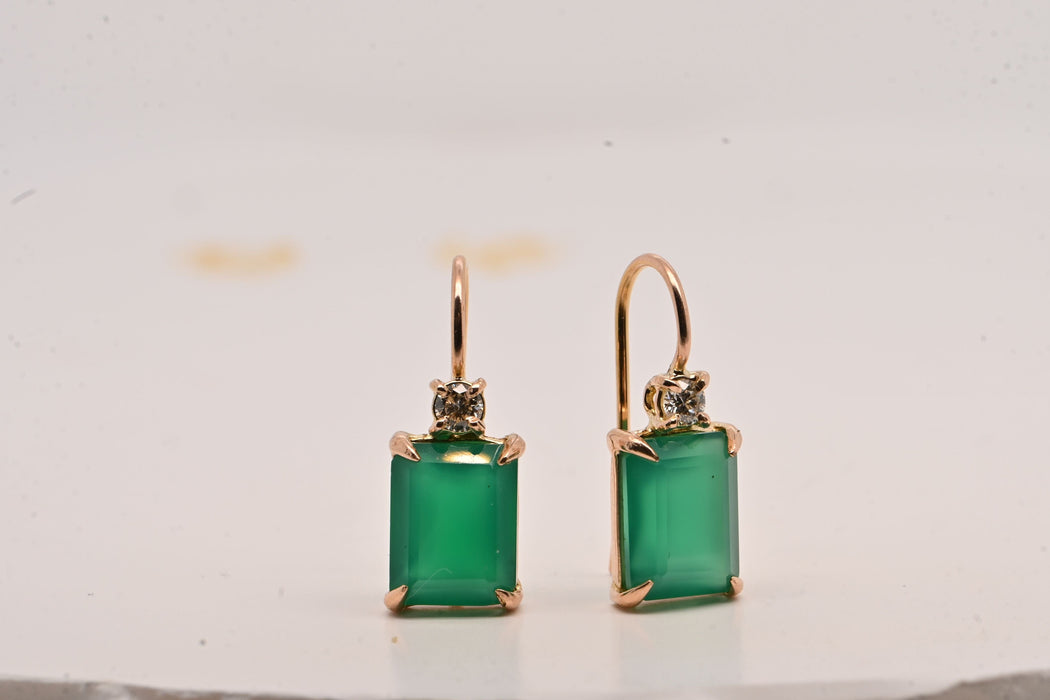 Boucles d'oreilles Earrings Green Onyx Diamants 0, 12 Carats Yellow Gold 18 Carats 58 Facettes