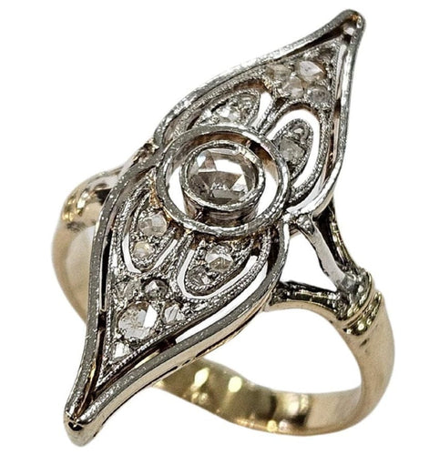 Bague 51 Bague navette Art déco diamants taille rose et hollandaise en or jaune et platine 58 Facettes E43